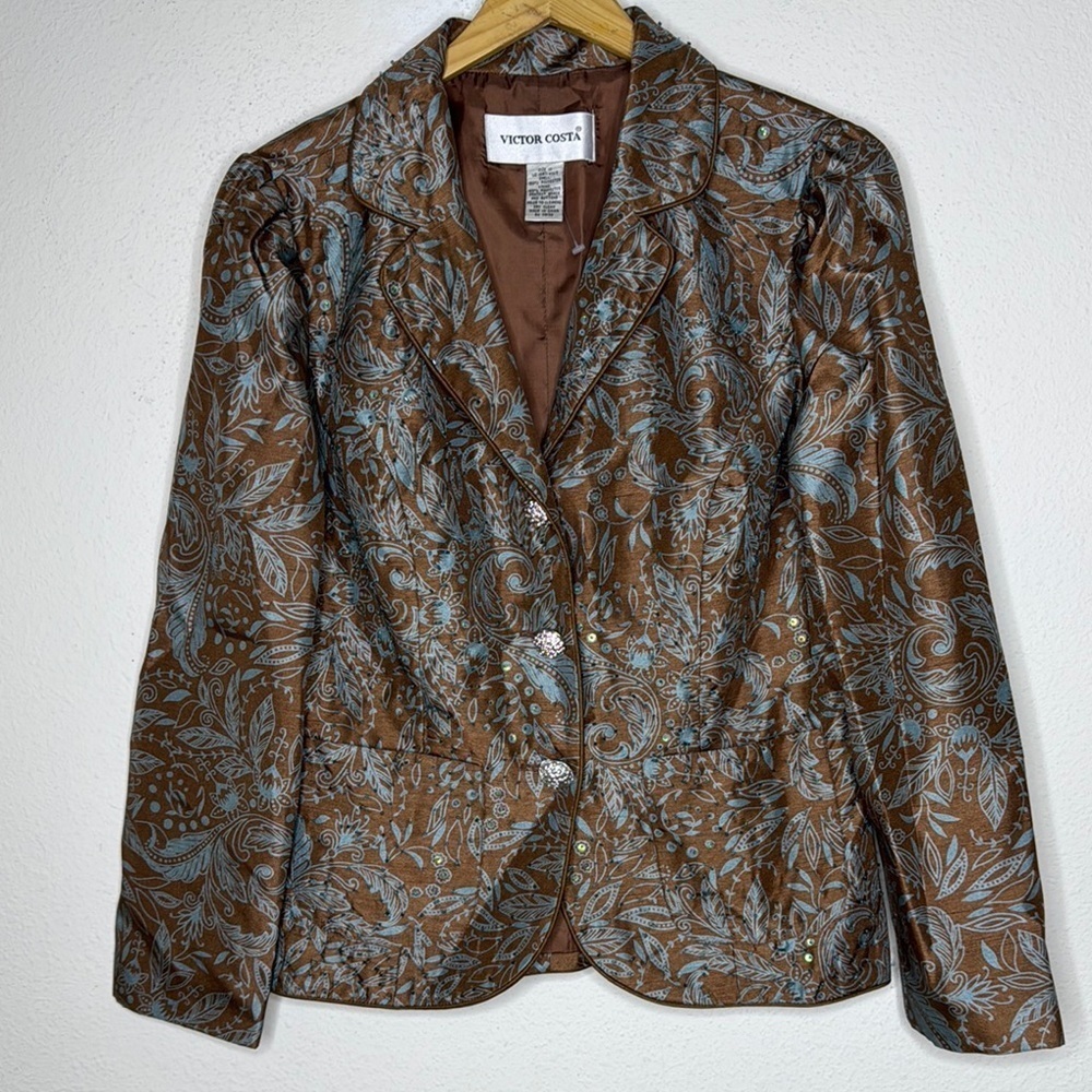 Victor Costa size 10 Brown Blue Beaded Evening Jacket Jeweled Button New